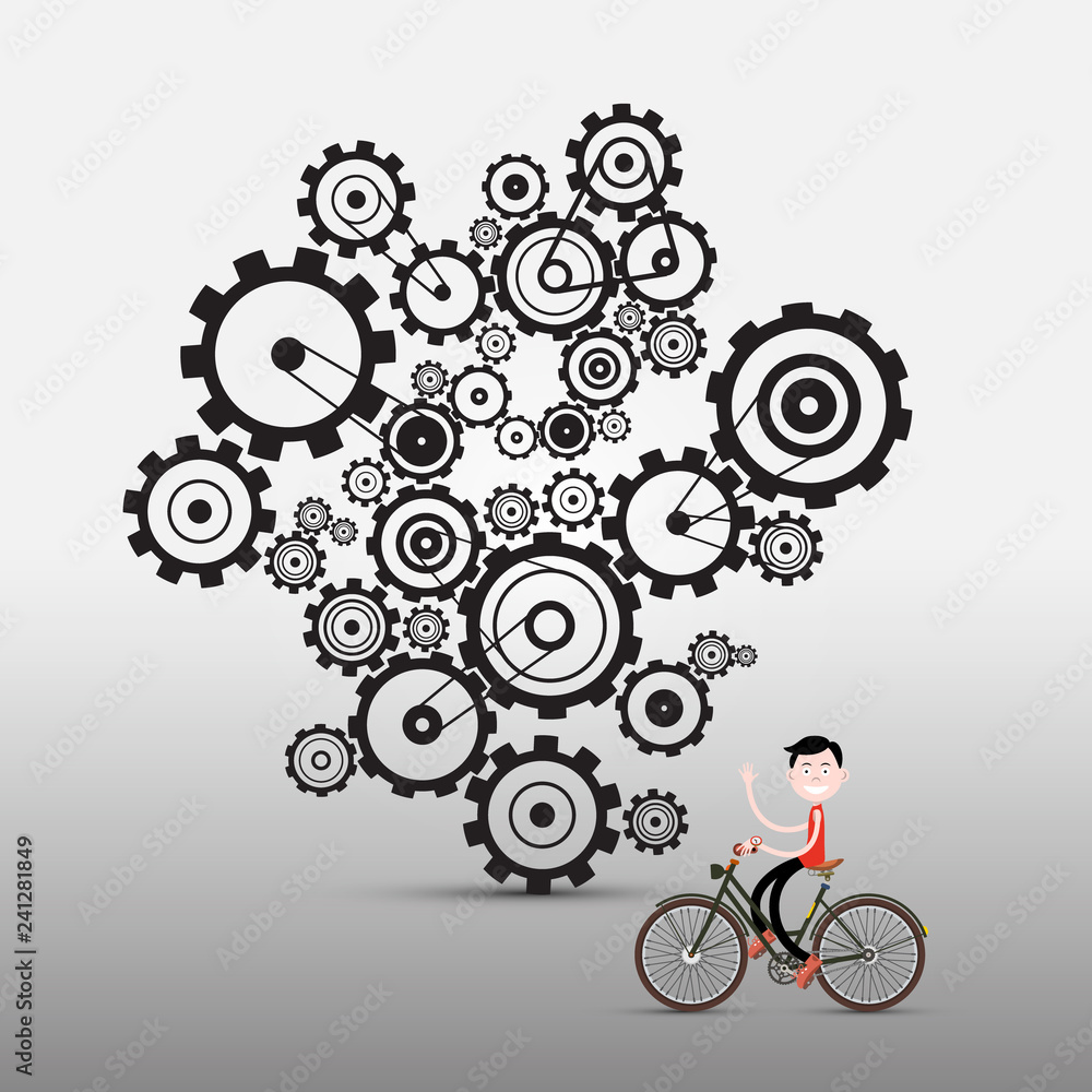 Poster man on bicycle with cogs, gears on background