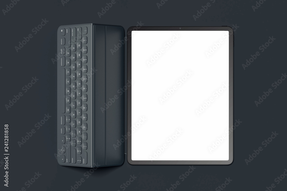 Poster modern laptop with keyword and blank screen on light background. 3d rendering.