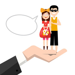 Man and Woman in Hand. Happy Young Couple in Love Vector Illustration with Empty Speech Bubble Isolated on White Background.