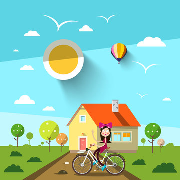 Sunny Day with House and Girl on Bicycle. Vector Landscape.