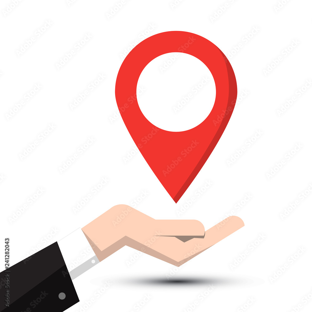Poster pin symbol. vector pointer navigation icon in human hand isolated on white background.