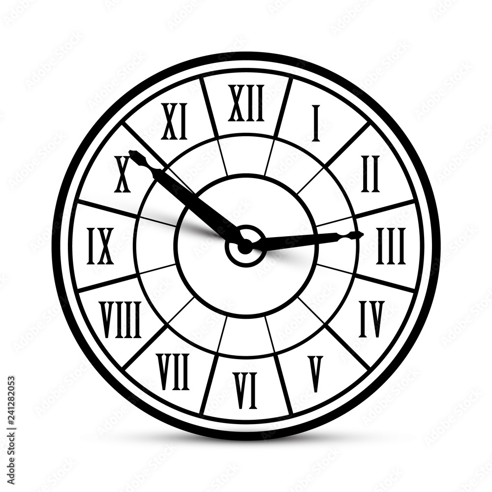 Poster retro vector clock icon with roman numbers isolated on white background