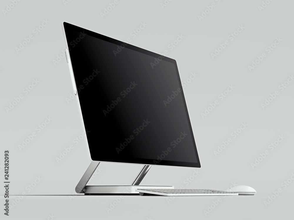 Poster black realistic pc with big blank monitor on light background. 3d rendering.