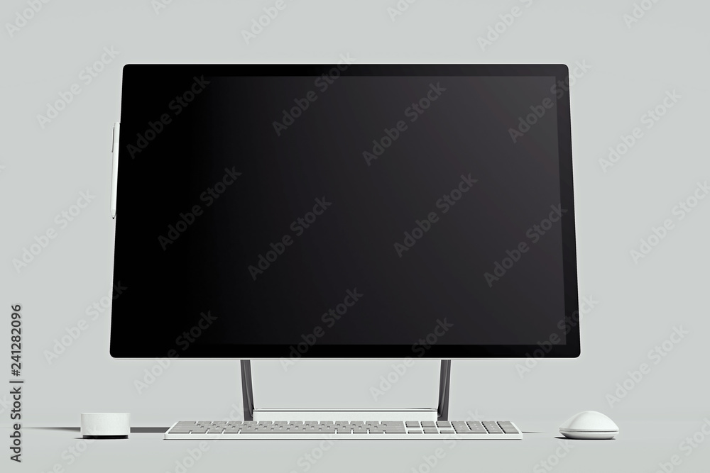 Poster black realistic pc with big blank monitor on light background. 3d rendering.