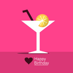 Happy Birthday Design with Cocktail Drink in Glass and Heart. Vector Design.