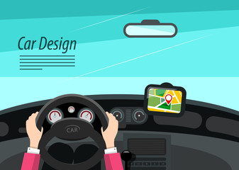 Car Interior Design with Hands on Steering Wheel and GPS Navigation - Vector