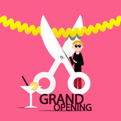 Grand Opening Vector Design with Businessman, Scissors Cutting Ribbon and Dring in Glass on Pink Background