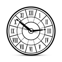 Retro Vector Clock Icon with Roman Numbers Isolated on White Background
