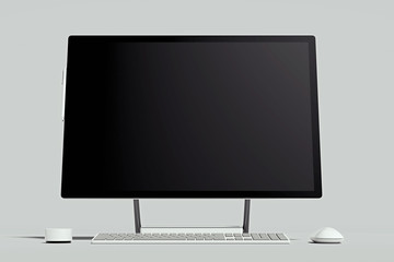Black realistic pc with big blank monitor on light background. 3d rendering.