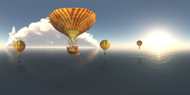 Spherical 360 degrees seamless panorama with fantasy hot air balloons over the sea