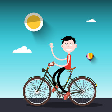 Man on Bike. Sunny Day with Boy on Bicycle Vector Illustration.