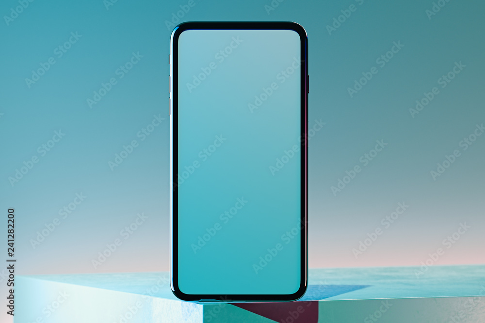 Poster mobile phone with blank screen on multicoloured background. 3d rendering.