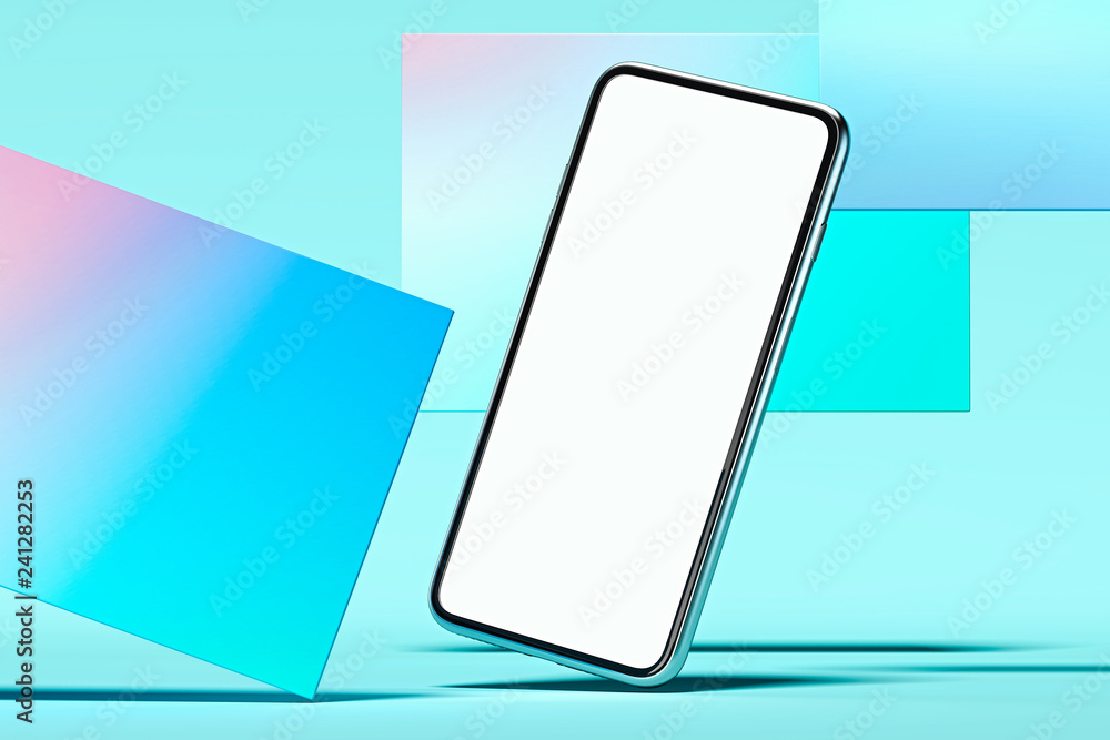 Poster mobile phone with blank screen on multicoloured background. 3d rendering.