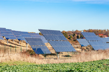 Solarpanel als Teil einer großen Photovoltaik anlge auf einem Feld / Wiese