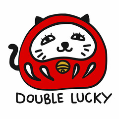 Daruma mixing with Lucky cat (Japanese lucky charm) cartoon vector illustration doodle style