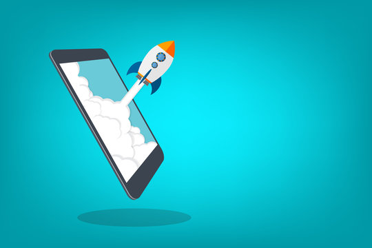 App launch. Startup vector concept, flat cartoon rocket or rocketship launch, mobile phone or smartphone, idea of successful business project start up, boost technology, innovation. 