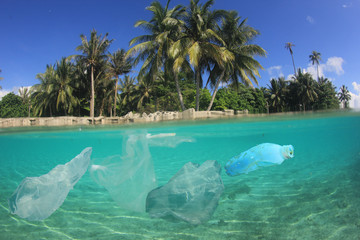 Plastic pollution in sea beside tropical island 