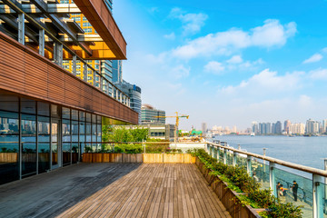 Fototapeta premium Contemporary architectural office building, urban landscape, personal perspective,