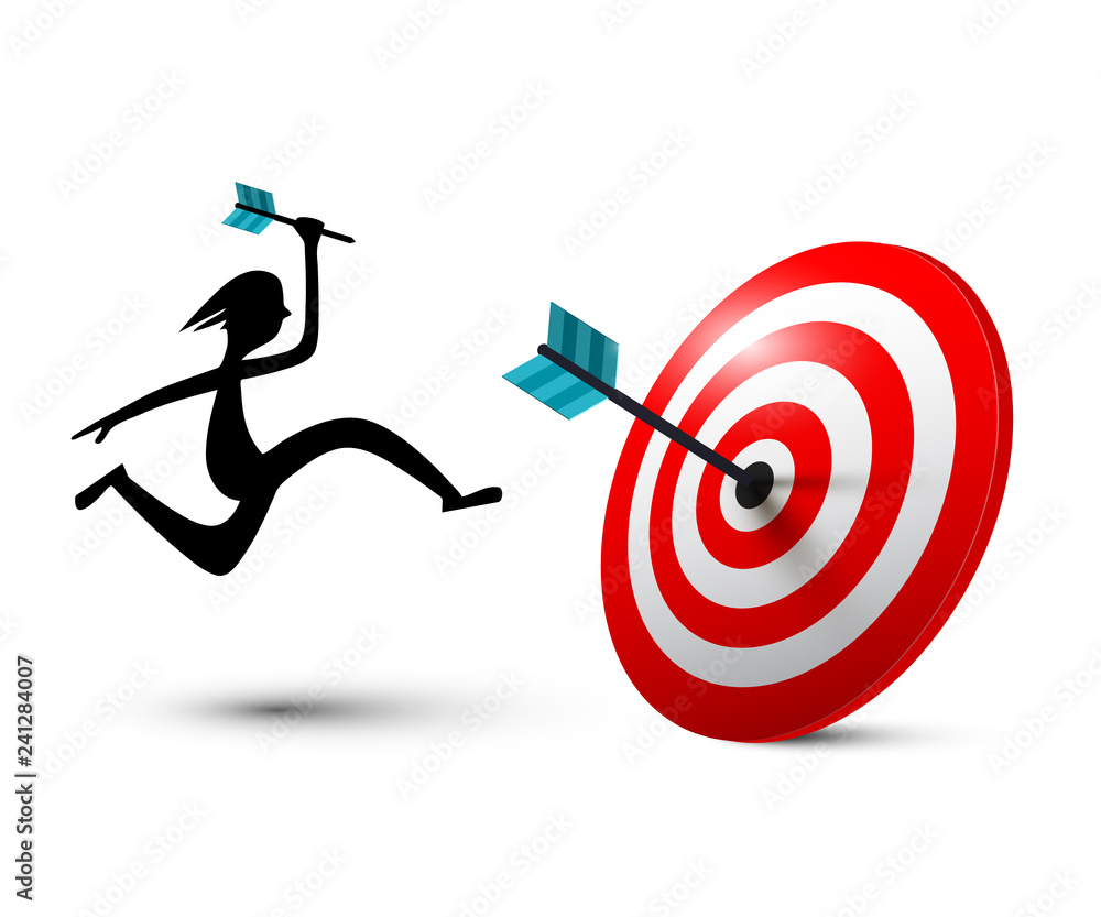Poster jumping man silhouette with dart on target. vector success symbol isolated on white background.