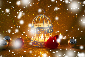 Burning candle and Christmas decoration