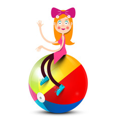 Obraz premium Girl Sitting on Colorful Beach Ball Isolated on White Background