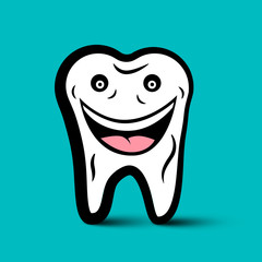 Smiling White Tooth Cartoon. Vector Dental Symbol. Cleaning Teeth Logotype Design.