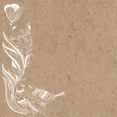 Floral vector background with abstract leaves, flowers, birds and place for text on kraft paper. Invitation, greeting card or an element for your design. Vertical composition.