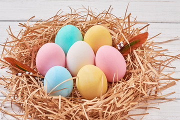 Easter background. Colorful easter eggs in paper nest on a white background, close up