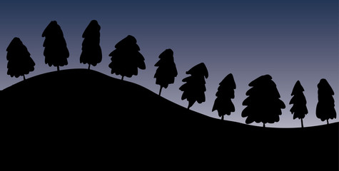 Fototapeta na wymiar vector hand drawn landscape with tree silhouttes on a hill, with scary and mysterious atmosphere, black on a dark blue background