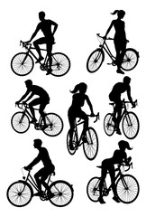 A set of bicycle cyclists riding their bikes in silhouette 