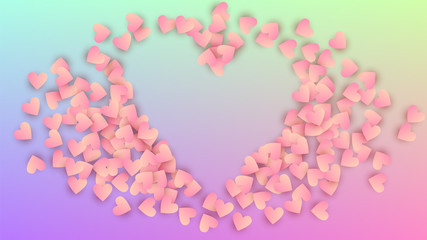 Valentine's Day Background. Banner Template. Many Random Falling Pink Hearts on Hologram Backdrop. Heart Confetti Pattern. Vector Valentine's Day Background.