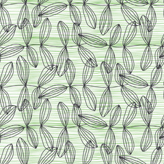 Seamless pattern with abstract leaves on a green striped background. Vector illustration. Outline drawing. Nature background.