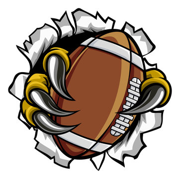 Eagle, bird or monster claw or talons holding an American football ball and tearing through the background. Sports graphic.