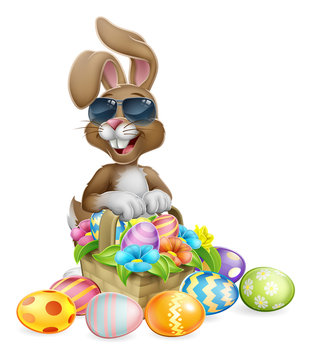 Easter bunny rabbit cartoon character in cool sunglasses or shades with a basket on an Easter egg hunt