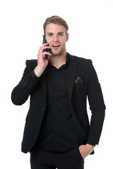 Fototapeta premium Businessman smiling use smartphone for call white background. Business call concept. Man in suit businessman take advantage modern mobile technologies for business. Call partner. Mobile negotiations