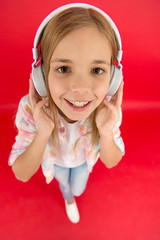 Get music account subscription. Enjoy music concept. Music always with me. Little girl listen song...