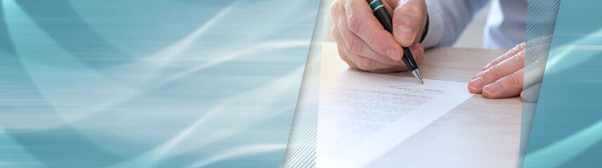 Man signing a contract, light effect. panoramic banner