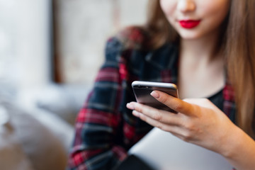 Woman Work In Cafe On Her Laptop. Portrait Of Stylish Smiling Woman In Winter Clothes And Work At Laptop. Female Winter Style. - Image