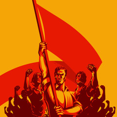Man holding blank flag in front large crowd of people with their hands raised in the air vector illustration. Political protest activism patriotism. Revolution raising The Flag.	