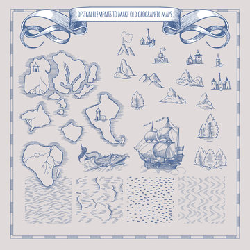 Example design elements to make your own fantasy or treasure maps. Includes city, forest, mountains, sea, waves, ocean. Imitation of medieval drawings. Hand-drawn sketch. Vector