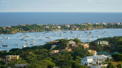 Yachts and Boats anchored in the harbor at St George's in Granada, Caribbean Island.