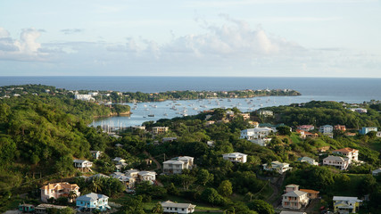 Yachts and Boats anchored in the harbor at St George's in Granada, Caribbean Island.