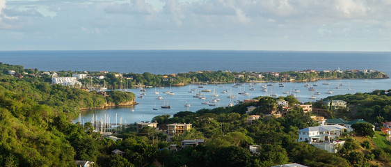 Yachts and Boats anchored in the harbor at St George's in Granada, Caribbean Island.