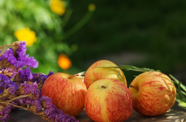 Apple on wooden board