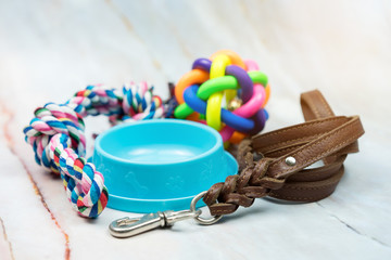 Pet supplies concept.  Pet leather leashes, brush and rubber toy.