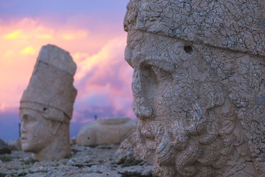Stone head statues at Nemrut Mountain in Turkey