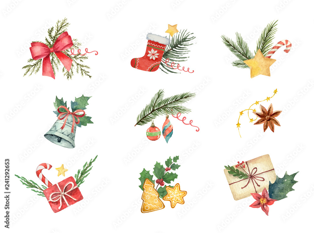 Canvas Prints watercolor vector set with christmas elements isolated on white background.