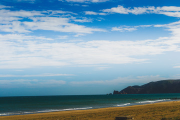 The incredible seascaping view of beach with blue sea in morocco in summer