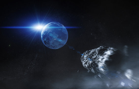 Erde mit Asteroid - Weltall mit Sonnenaufgang (Universum)