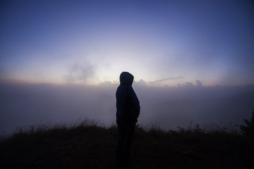 silhouette people on mountain at morning. soft focus.